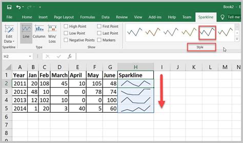 How do I add a line sparkline to a column?