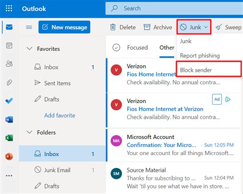 How do I block emails so they bounce back in Outlook?