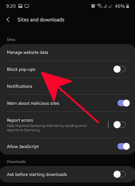 How do I block pop-up ads on my Samsung?