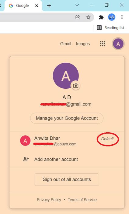 How do I change my default Google Account on my computer?