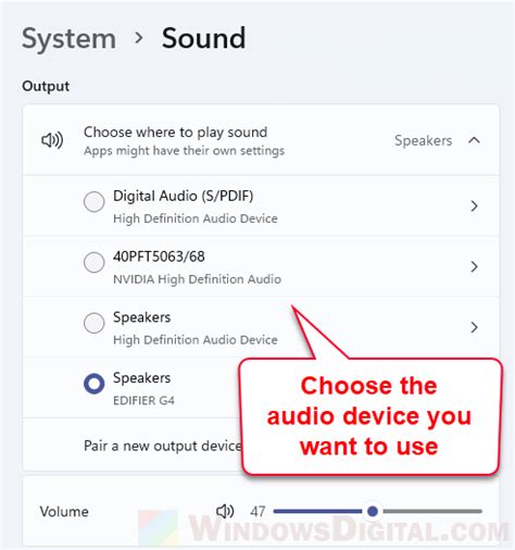 How do I change my main audio output device?