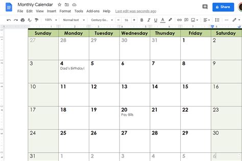 How do I create a blank calendar in Google Docs?