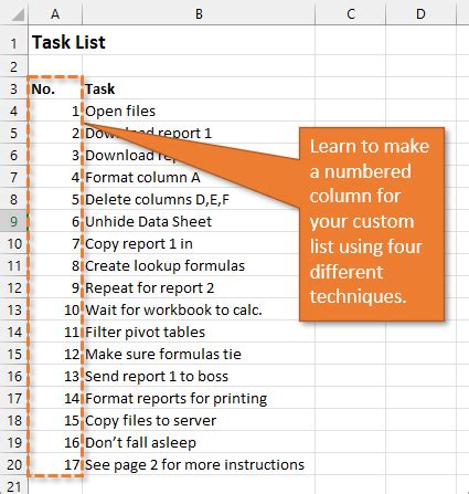 How do I create a numbered list in Excel?