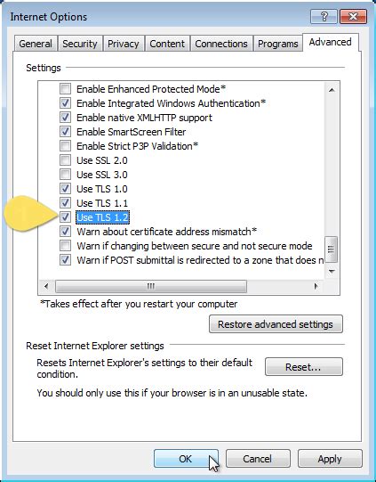 How do I enable TLS in Internet options?