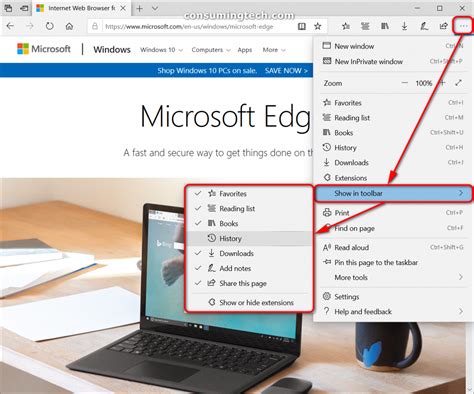How do I enable the tool bar in Edge?