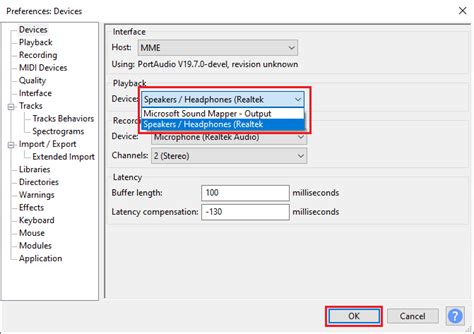 How do I get audio output to headphones in Audacity?