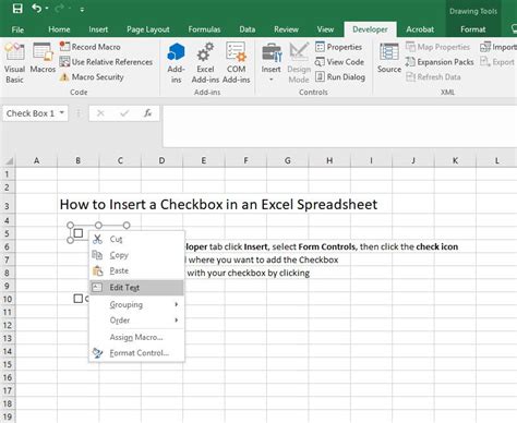 How do I insert a checkbox in Excel without the Developer tab?