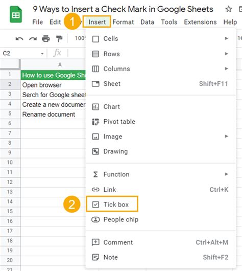 How do I insert a checkmark in Google Sheets?