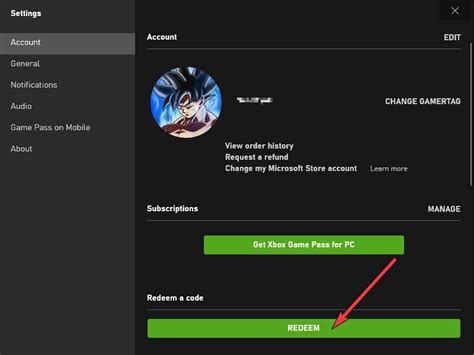 How do I redeem my Xbox pass on the app?
