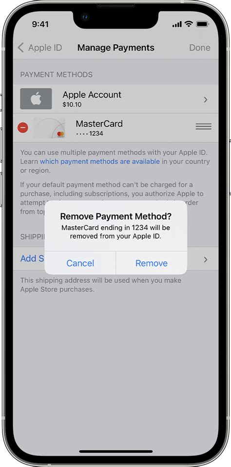 How do I remove a payment method from my Apple device?