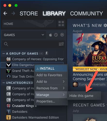 How do I remove games from my hidden library on Steam?