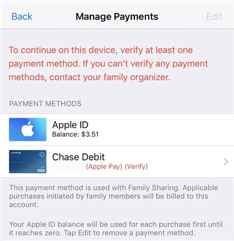 How do I remove payment method from Apple Family Sharing?