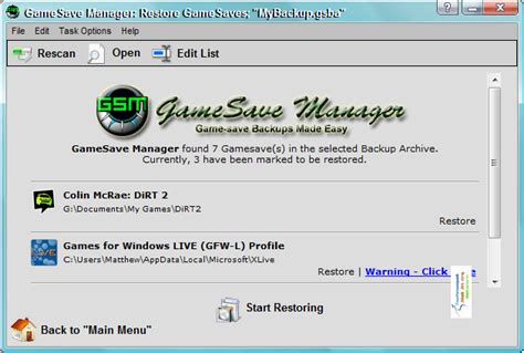 How do I restore my game save manager?