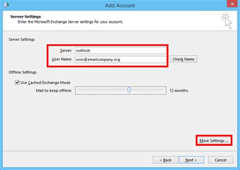 How do I setup an Exchange server in Outlook?