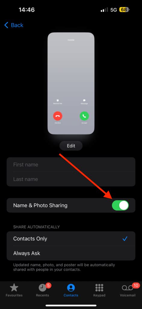 How do I turn off name and photo sharing on my iPhone?