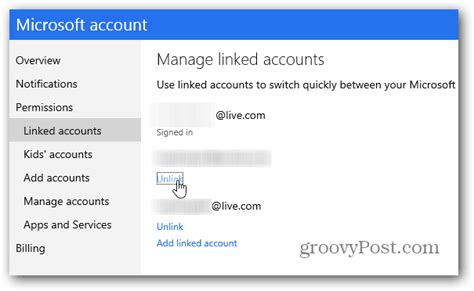 How do I unlink two Microsoft email accounts?