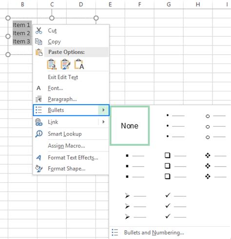 How do you change the indent of bullets in Excel?