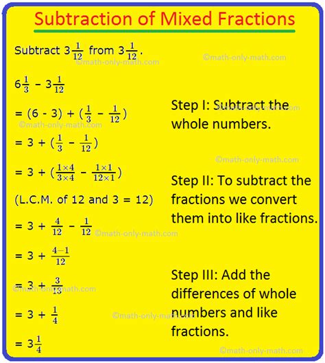 How do you subtract mixed fractions with whole numbers?