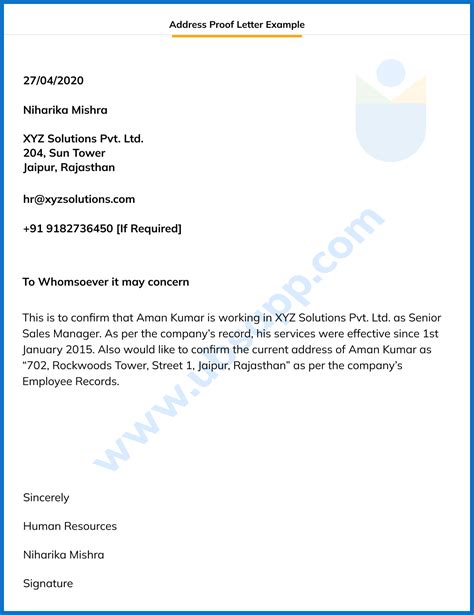 How do you write an address proof letter issued by a company?