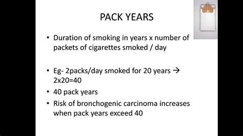 How many pack years is 10 cigarettes a day?