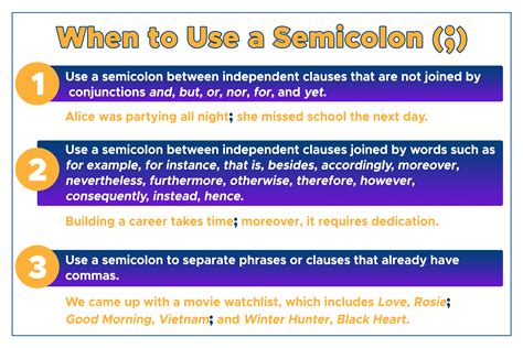 How many ways can you use a semicolon?