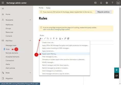 How to whitelist a domain to bypass spam filtering in Microsoft Office 365?