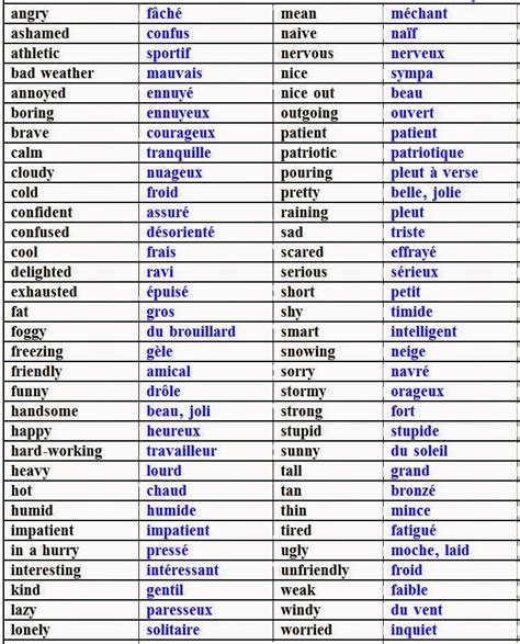 What are 10 negative adjectives in French?