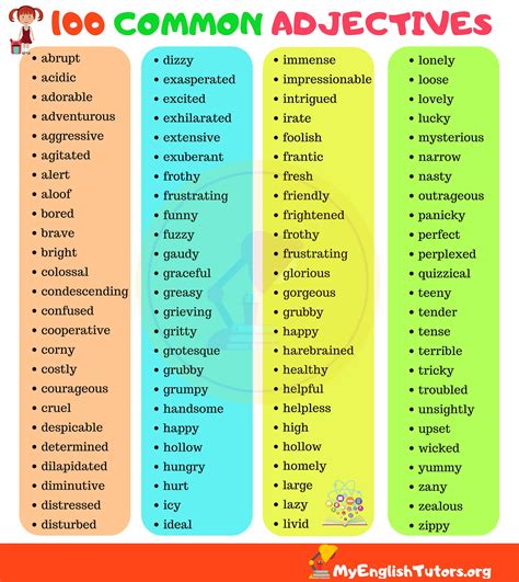 What are 100 examples of an adjective?