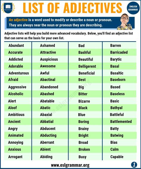 What are 30 examples of adjective?