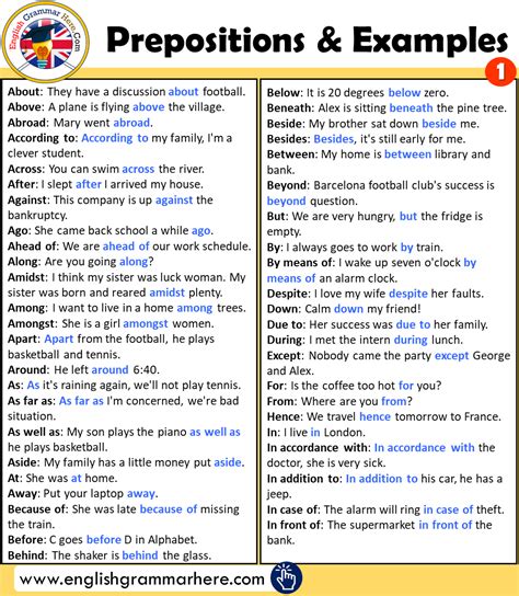 What are 5 examples of prepositional phrases in sentence?