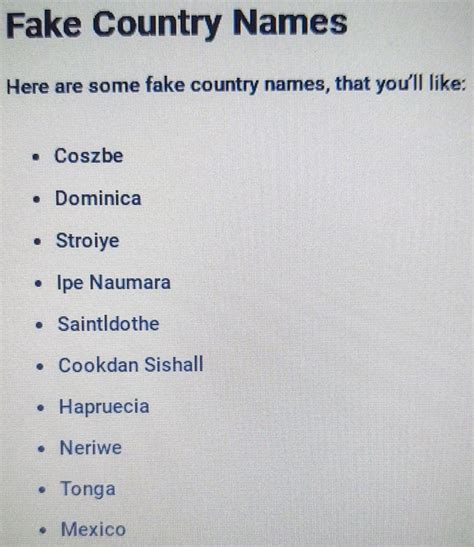 What are some fake country names?