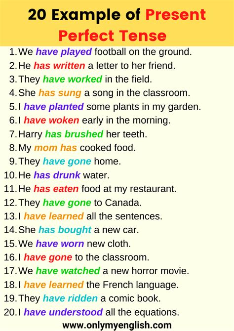 What are the 20 examples of present perfect tense?
