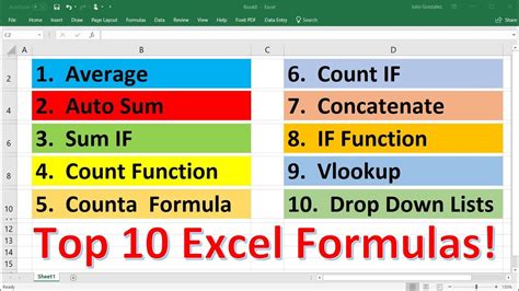 What are the 20 functions of Excel?