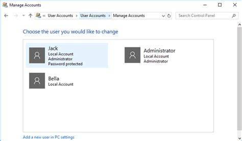 What are the 3 types of user accounts in Windows 10?