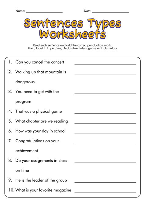 What are the 4 kinds of sentences worksheet?
