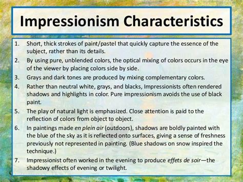 What are the 5 characteristics of Impressionism?