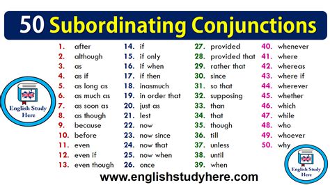 What are the 50 subordinating conjunctions?