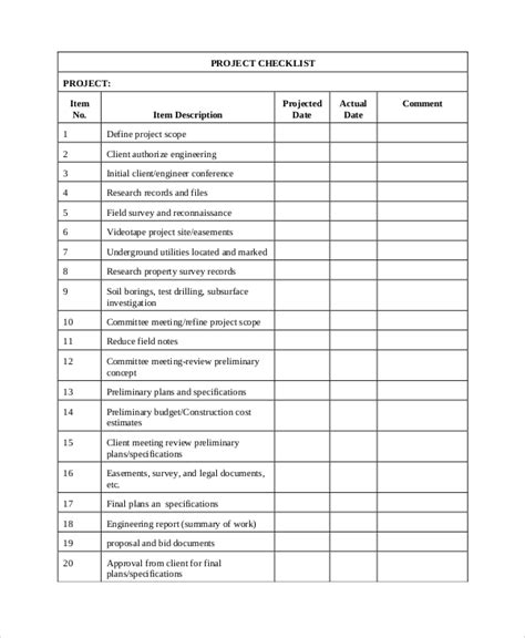 What are the contents of a project checklist?