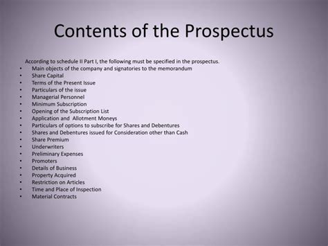What are the contents of a prospectus?