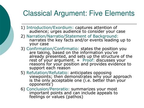 What are the five parts of a classical argument?