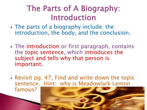 What are the three parts of a biography?