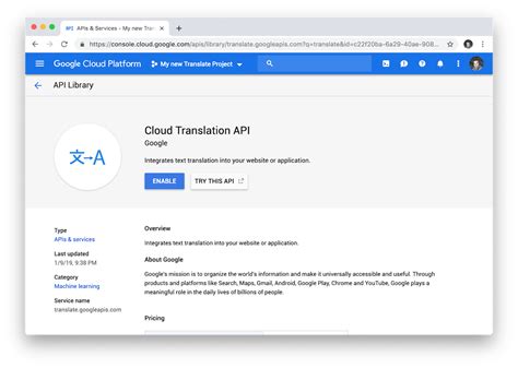 What is API key for Google Translate?