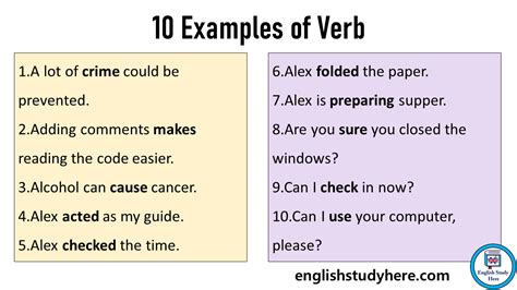 What is a verb and give 10 examples?