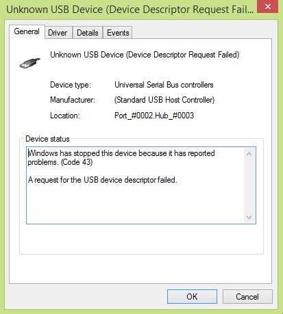 What is error code 43 USB not recognized?