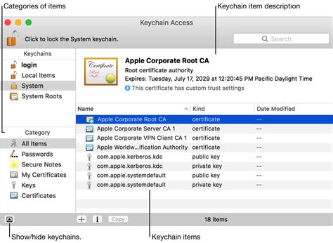 What is stored in Apple keychain?