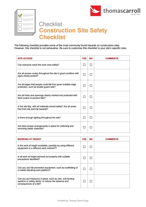 What is the checklist in the construction site?