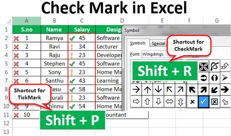 What is the formula for a check mark in Excel?
