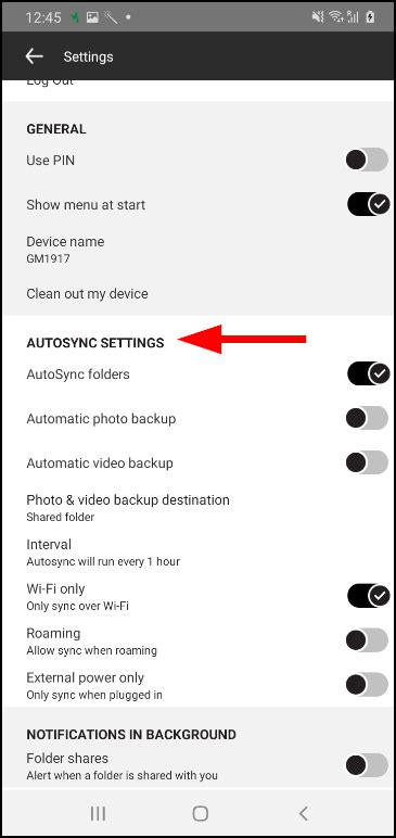 What is the sync setting on Android?