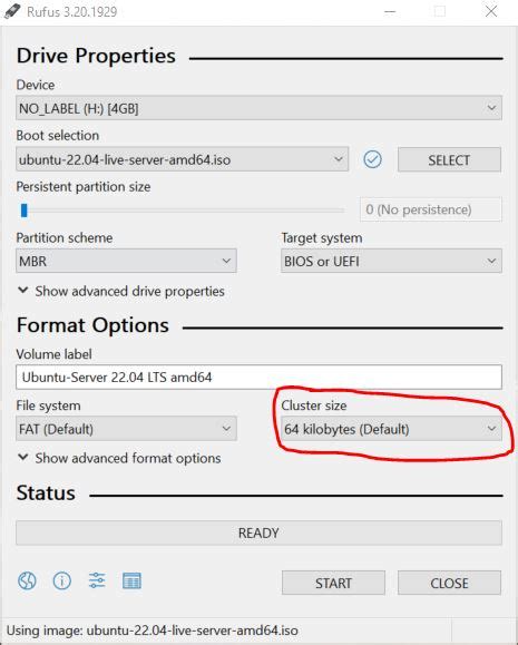 What should be the cluster size in Rufus?